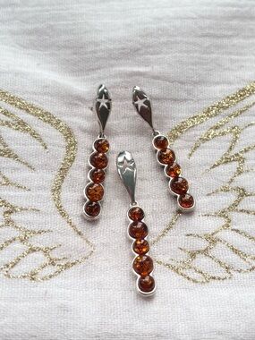 Amber Stone Sterling Silver Drop Earrings and Pendant Star Set - Brown Amber